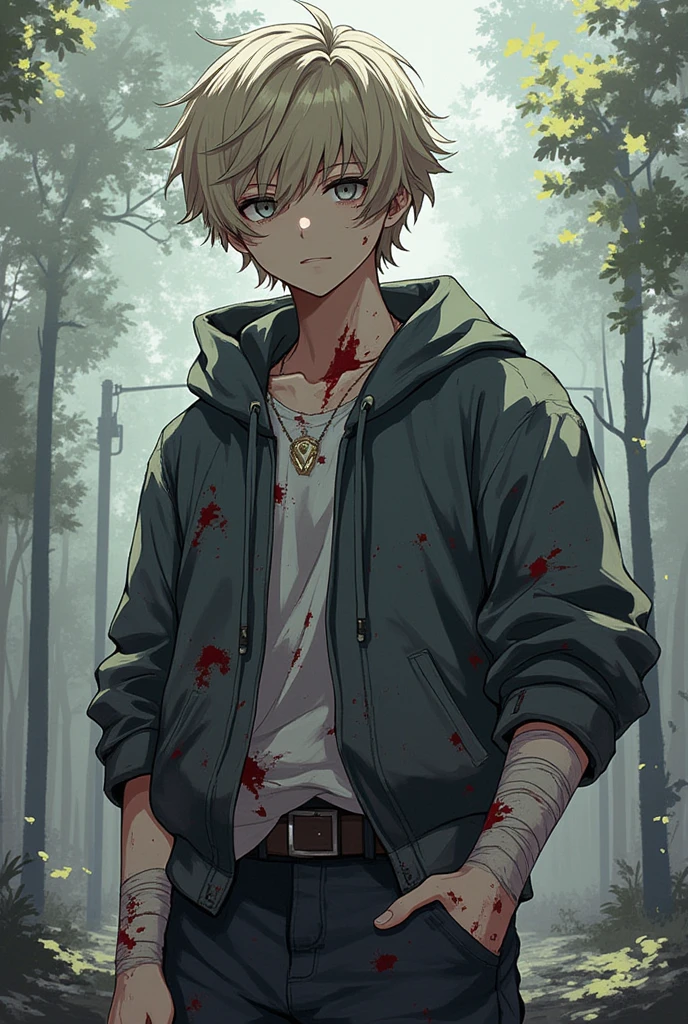 Poster image with a boy, teen man, cream colored hair. gray eyes. Casual clothing slightly torn and bloody. He has parts of his body bandaged over his clothes. His skin is pale. 2D anime style. Male character. Character design.