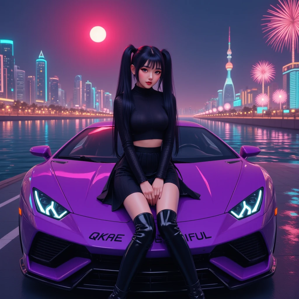  Beautiful Korean woman with long black hair in two pigtails  ,  sunglasses overhead ,  K-Pop idol style all-black ,  long black boots ,  is sitting on the front stamp of a luxury sports car purple color posing dominant hip-hop ,  on the car there is an inscription  "QKAE BEAUTIFUL"  Han riverside background ,  visible buildings ,  lots of fireworks there is a red moon . the night 