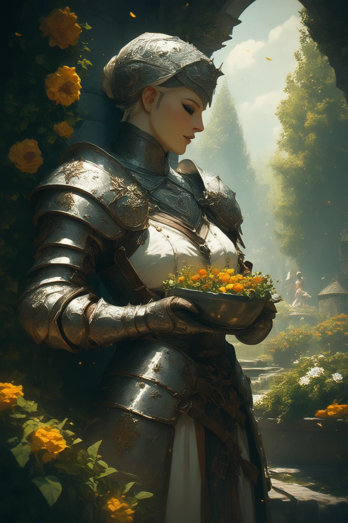 A medieval fantasy armor in a garden 