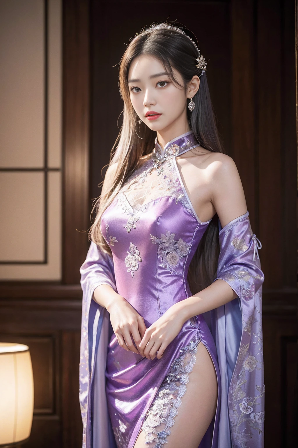 BestWorks,Ultra-high quality work,4K:2.0,Ultra HD,8K HD CG production,High-quality graphics,3D HD CG photos,Ultra-high pixel,Super refined:1.1,technical detail:1.1,Interior lighting effects:1.1,Natural dimming,Light effect,Ultra-high resolution large files,Photos of antique costumes of the Tang Dynasty,Delicate and sexy woman,A mature and sexy woman,Royal sister temperament,European and American feminine characteristics,Mixed-race beauty,Temperamental type goddess,Long silver-white hair,A head of silvery-white hair,Clear strands of hair,Careful hair texture(Premium hair details:1.1)Beautiful and delicate eyebrows and eyelashes,largeeyes,Light red eyes,Sexy red lips,Perfect lip shape,clear skin texture,wetted skin(Advanced facial details:1.1)The face of the flawless goddess,Perfect body shape,Top supermodel,Devilish figure,Cocked buttocks,Small man's waist,Long legs,(Advanced skin details:1.1)Glossy,Gorgeous Tang Dynasty women's clothing,Intricate damask Hanfu,Purple Hanfu, ((glowing dress:1.5)),Chinese Hanfu,Silk scarf,Tang Dynasty Hanfu(Premium lace detailing:1.1)Bright red,high-heels,stocklings,Wear jewelry,耳Nipple Ring,choker necklace,Bracelet,At the dinner party,fully body photo,Costume art photos,High quality work