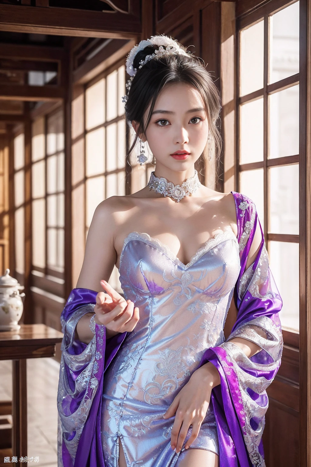 ((top-quality、masutepiece、8K、Top image quality、Highly complex and detailed depictions))、(The most gorgeous Chinese prostitute goddess:1.5)、Chinese garrison house at night、((The most gorgeous prostitute goddess huge costume、the most vivid and luxurious costumes、big long costume、The most luxurious and huge garrison、An unimaginably luxurious garrison、purple and pink garrison、Depicted with a huge and luxurious garrison in the background、Huge guruhouse at midnight、Very complex decoration、very clear garrison))、(View me、Bewitching smile、Perfect makeup、long eyelashes、pink lipsticks、Pink eyeshadows、perfect anatomia、Biggest smile)、(A clear background of a huge garrison:1.3)