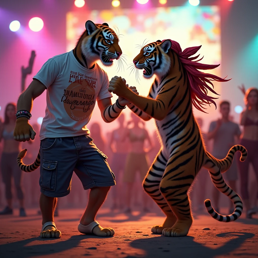 Tiger & Tigress at a Music Festival: The tiger couple rocks out at a music festival, dressed in cool festival gear. The tigress wears a stylish bandana and sunglasses, while the tiger sports a graphic tee and cargo shorts., a tiger couple wearing stylish festival clothes, tiger wearing a bandana and sunglasses, rocking out at a music festival, highly detailed, 8k, photorealistic, masterpiece, cinematic lighting, vibrant colors, dynamic composition, festival atmosphere, crowd in the background, a fierce tiger and a graceful tigress dancing together at a vibrant music festival, beautiful detailed eyes, beautiful detailed lips, extremely detailed eyes and face, long eyelashes, intricate patterns on their fur, captivating movements, colorful lights and stage, energetic crowd, cinematic composition, dramatic lighting, vivid colors, (best quality,4k,8k,highres,masterpiece:1.2),ultra-detailed,(realistic,photorealistic,photo-realistic:1.37),dynamic action scene,stunning wildlife art