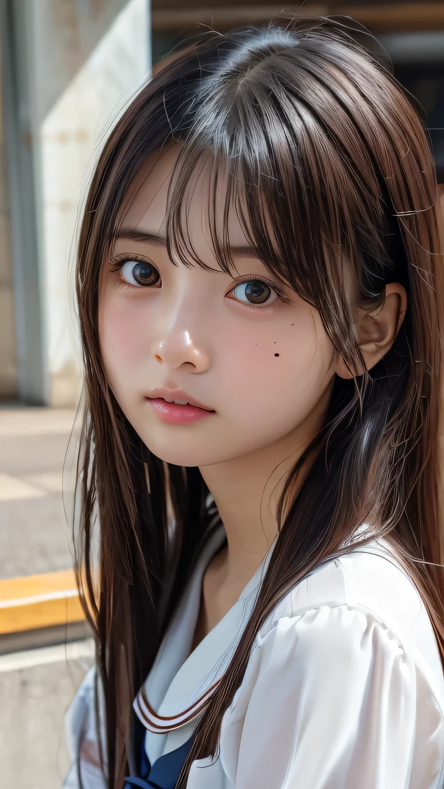 ( face close-up ),Masterpiece, Top Quality , 8k, Official Art, RAWphotograph, very high definition, Beautiful Girls, Pretty Face , ( sitting ), is staring at me , close, , classroom, super real , high definition, photograph, film grain, Color Difference, sharp concentration, face light , dynamic lighting , Cinematic Lights, Best Details , very detailed, ultra detailed, detailed explanation , very detailedな目と顔, white skin, One girl wearing、 show me a sailor suit that makes your skin look perfect , perfect skin, Pretty Face , bright eyes, without makeup, brown hair, Indoor setting with shoulder-length straight hair , empty in the center of the city , very embarrassed face、amount、mole、 small 、 flat chest、 Show me the amount