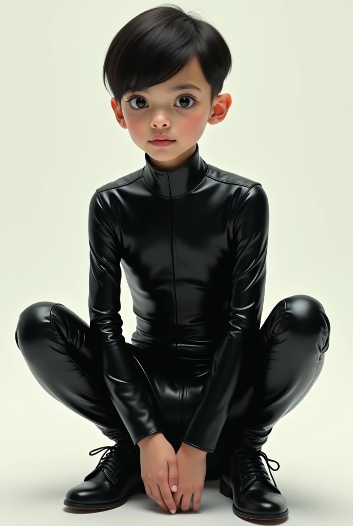 A 10 year old boy in black latex tights sitting in front of a plain white background,legs are open、Protruding 、latex shiny