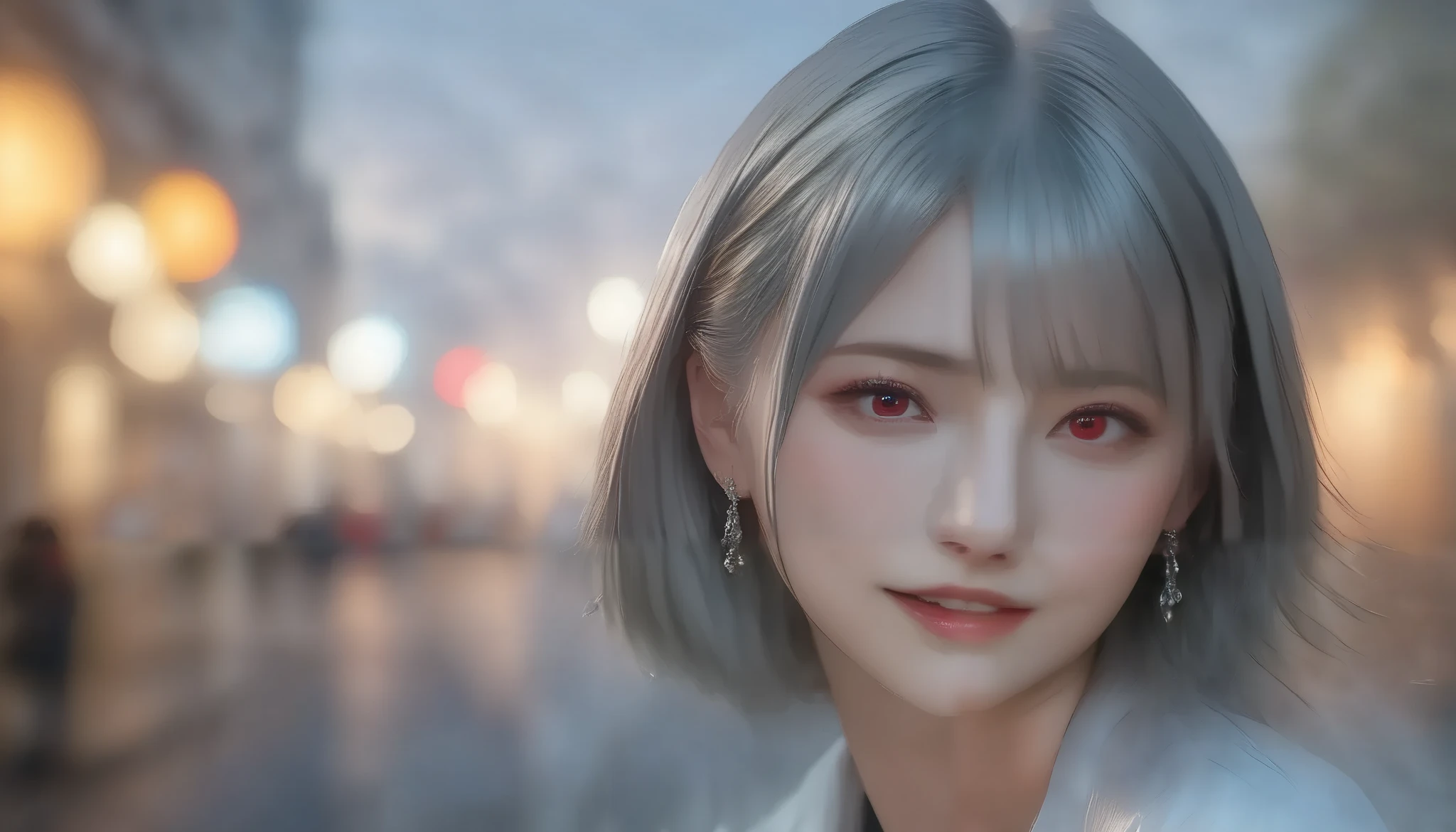 A young woman in a long shirt stands alone, holding the cold air with a pensive expression, feeling both anxiety and strength. An atmosphere of quiet reflection and hope hangs over her. There is an expression of determination on her face. The soft and delicate shading gives a sense of inner strength amid uncertainty. Standing still amid the hustle and bustle of a big city. Night scene. The scene conveys a sense of inner conflict and introspection, highlighting doubts and anxieties. Highly detailedElegant and detailed, adding a dramatic and symbolic element to the scene, deep borders, bokeh, smooth textures, ultra-detailed, high resolution, ultra-detailed, (best quality, 16K, high resolution, masterpiece), subtle colors, vibrant colors, professional lighting, beautiful details with little projection, long silver hair, gray haired woman, pale skin, red eyes, long shirt, rough fashion. Full body
