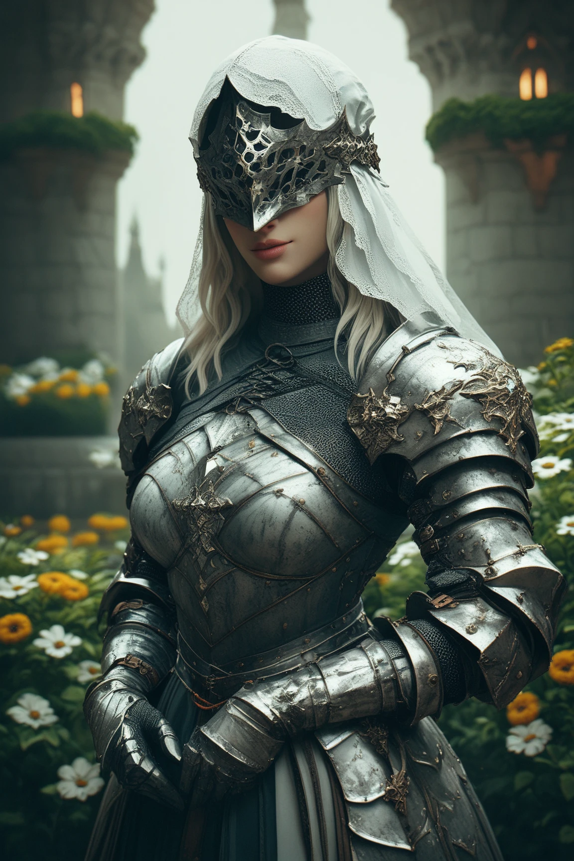 A dark souls style medieval fantasy armor in a garden 