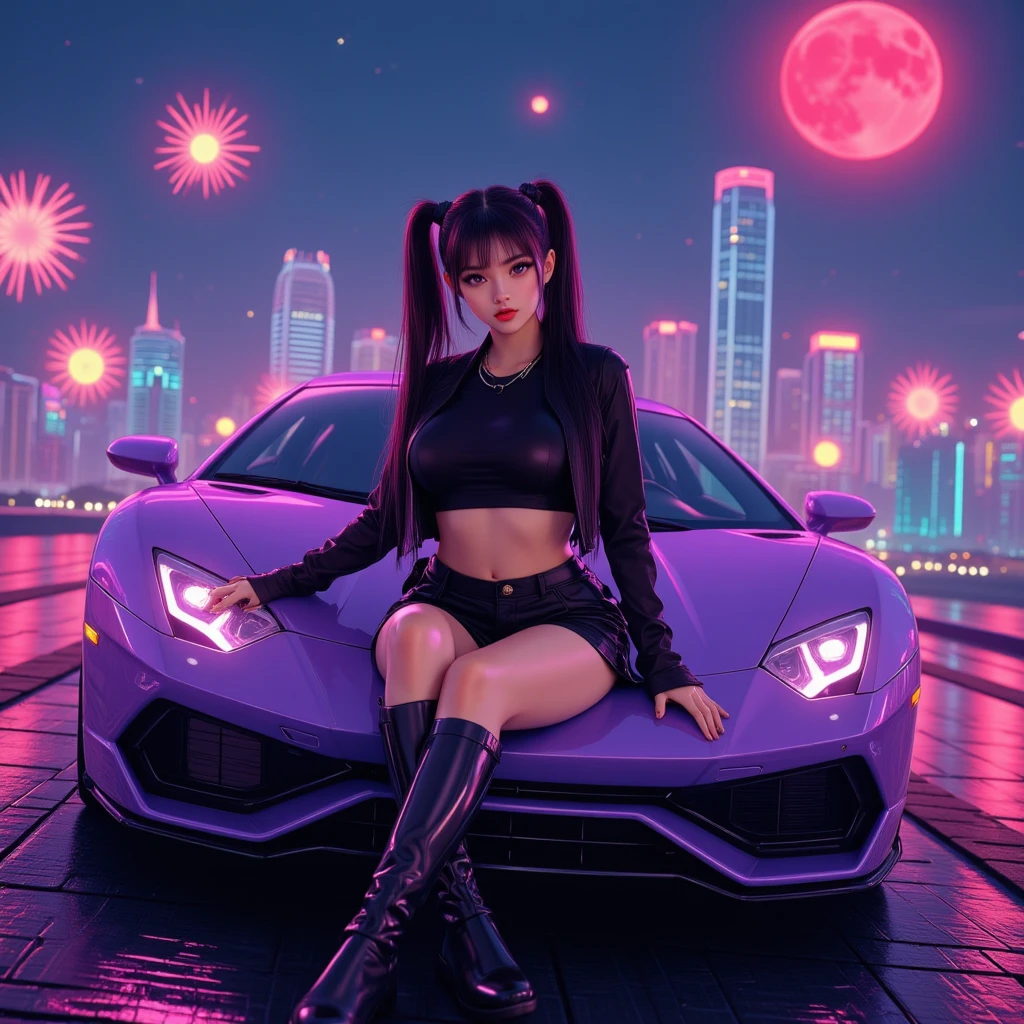  Beautiful Korean woman with long black hair in two pigtails  ,  sunglasses overhead ,  K-Pop idol style all-black ,  long black boots ,  is sitting on the front stamp of a luxury sports car purple color posing dominant hip-hop ,  on the car there is an inscription neon "QKAE BEAUTIFUL"  Han riverside background ,  visible buildings ,  lots of fireworks there is a red moon . the night 