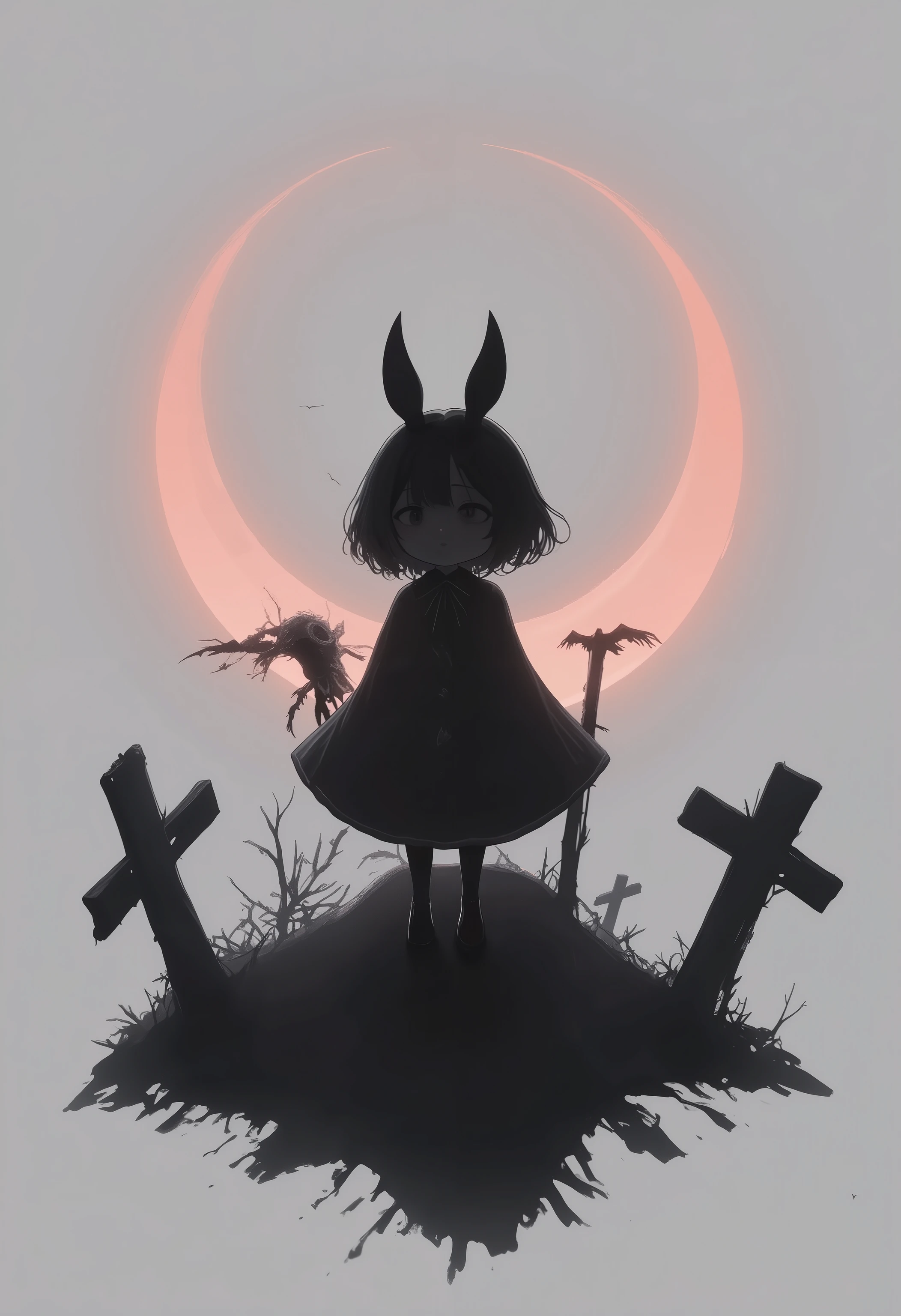 Flat Design, Silhouette Art,anime style, 1chibi character\(hzk,please cute smile,and rabbit ear,trk,[monochrome,dark gothic illustration:Pastel gradation color,dreamy illustration:0.3],\),solo,gentle glow, gradient background,gray and soft blue and soft pink,derelict graveyard, focus on silhouette symmetry,best quality, minimalism, simple background, 