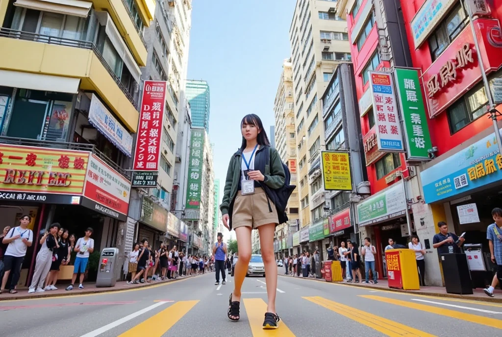 ((Pixel characters)), one girl is crossing the street in honghong, hongkong street