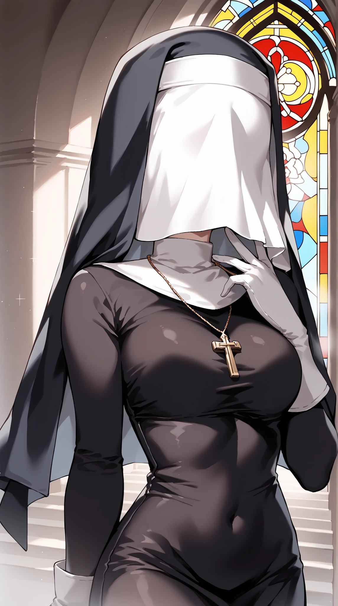 Nun,women,strong,huge,tall,muscular,black blindfold,slim waist,huge arms,In church,