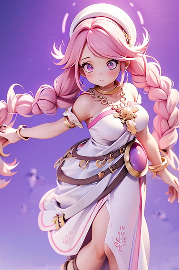 a woman with pink hair wearing white dress carrying cross with her arms outstretched, 1girl, breasts, solo, braid, white dress, twin braids, pink hair, dress, large breasts, long hair, cleavage, jewelry, full body, pink nails, looking at viewer, short sleeves, toes, purple eyes, bangs