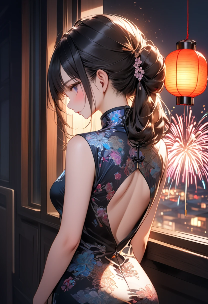 Mature woman standing with her back to the camera:1 girl wearing an Deluxe Chinese dress,
Smooth, Moisturized and firm skin, tight and sexy costumes,
A corner of the entertainment district, A dark background to make your subject stand out, Large windows, soft light from a lantern,
break (detailed silk texture:Deluxe:Gloss:Smoothness:Sappiness),
Highest quality, Highest Resolution, Detailed and crisp image quality, 16K, Super Retina,
A beautiful Chinese dress with a delicate pattern, Adult sex appeal, melancholy, Feeling Weak, Long hair tied back, colorful fireworks seen from the window,
Detailed and complex, colorful, Transparent full color coating, Light and Darkness, High Contrast,
Break Spectacular fireworks seen from the window, beautiful,
Upper Body Shot, Long Black Hair, Hairstyle(Braiding), Hairstyle(((black navy blue, Dark Navy))), pupil(purple)
