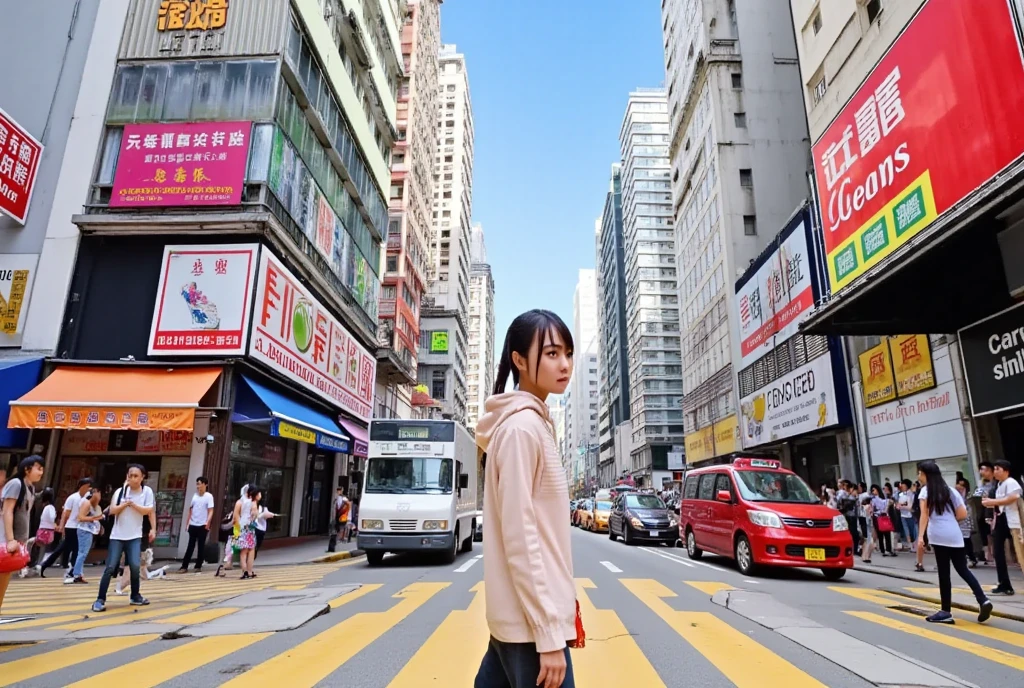 ((Pixel characters)), one girl is crossing the street in honghong, hongkong street, Tamao