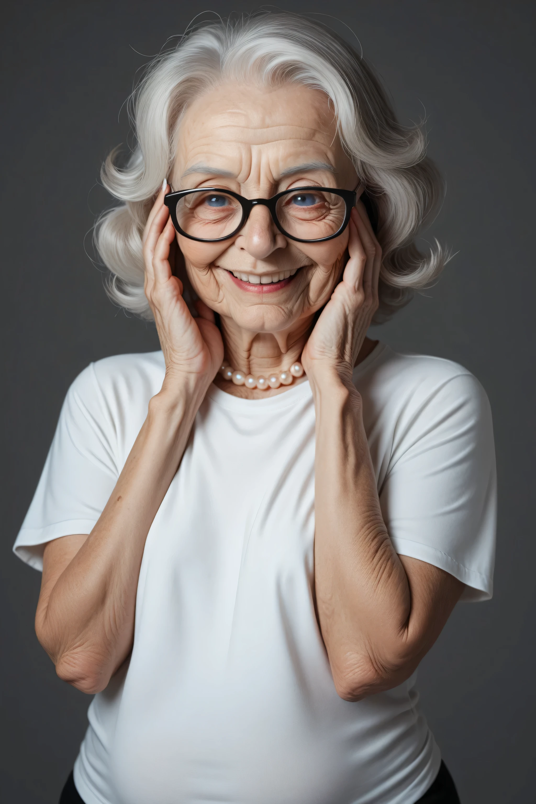 score_9, score_8_up, score_7_up, gray background, (elderly brazilian muse black rimmed glasses), small, anorexic, think, white t-shirt, white pearl necklace_overzied, large eyes, flat chest, hands on neck, hesitant_unsure_smile