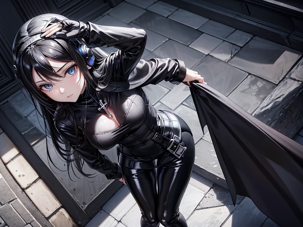 pixiv, 1girl, bangs, dark purple hair half blue, deep and detailed blue eyes, melancholic expression, black leather clothing, serious expression, eyelashes, modern, long hair, slightly wavy hair, neckline, collarbone, black open jacket, lock, medium breasts, shiny skin, badass, seductive, lock, red lips, looking at viewer, closed mouth, cinematic lighting, pale skin, dark background, wavy hair, {beautiful detailed eyes:1.5}, detailed black clothing, cinematic light, shaded face:1.5, dynamic angle:1.5, extremely detailed, volumetric lighting, delicate girl, cleavege, mature female, {masterpiece:1.5), {ultradetailed:1.5) film camera, chromatic aberration:1.5) (HDR:1.9), (CG:1.5), (specular lighting:1.1) Very dark and detailed background:1.21) expressionless, dark atmosphere, long wavy hair, loose hair, hair ornament, dynamic angle, dynamic pose, dramatic shadow, cinematic shadow, hard shadows:1.21), {traditional media:1.5), expressionless, mature female, mysterious look, sharp eyes, modern landscape, modern, focus on torso, focus on face, dynamic pose, pants
