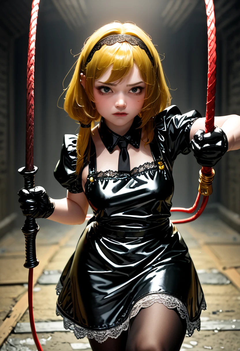 ultra,  The highest quality image ,  artistic masterpiece.  The Japanese-looking girl ,  heavenly beauty , 18+. arrogant, very angry, dissatisfied. copper hair ,  maid bandage .  Black lace latex dress ,  black lace latex skirt ,  black latex stockings ,  black latex gloves,:   (Yellow latex lace apron) .  No naked body . Standing in a dark ,  raw dungeon.Holds a black weapon:1.2 , whip ping:1.2, cutting:1.2 , whip:1.2, fighting stance:1.2,((( whipping:1.2, motion blur:1.2 ,  path motion:1.2 ))), arms outstretched :1.2, doyagao , incoming vertical whip:1.2 , incoming horizontal whip:1.2