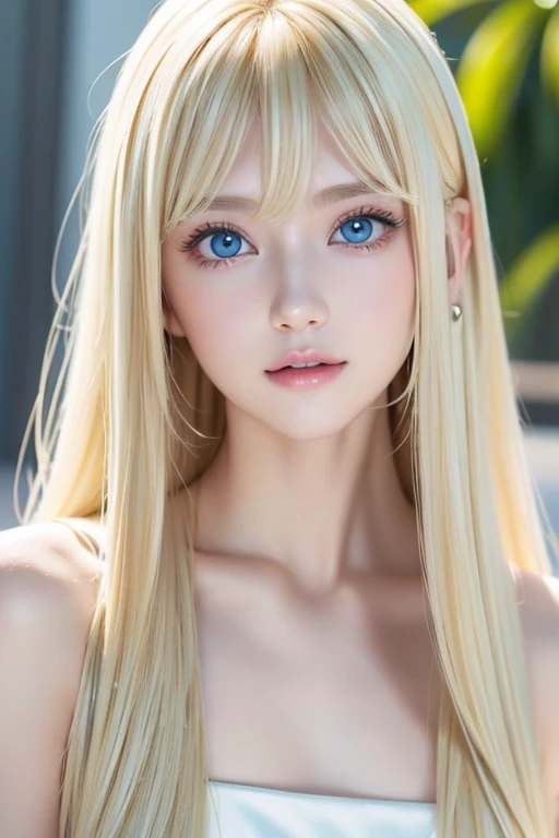 Her shiny, bright blonde hair is dazzlingly sexy.、 17 years old cute sexy little beautiful face 、Shiny hair dancing in front of a pretty face、Long, silky bangs that cover the eyes、Glowing pale light blue eyes、Hair that hides the face、Hair is too long、Sexy and cute young woman、Long, shiny, light blonde hair,,、dressing、T-Shirts、Big ample breasts、Bright expression、White beautiful skin、Cheek luster、Small Face Beauty、