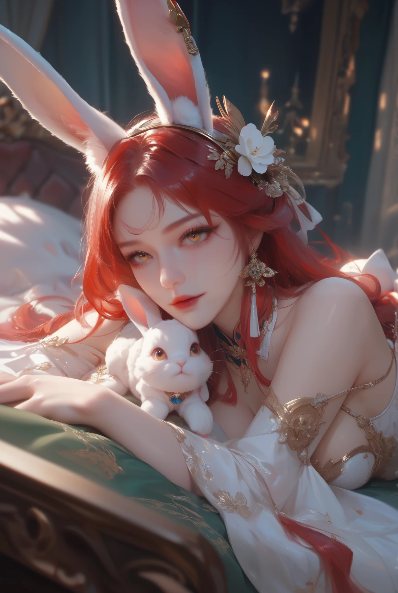 (High Resolution, Masterpiece, Anatomically Correct, Best Quality, Illustration) Soft and dynamic illustration of a beautiful 25-year-old woman with pale skin, red hair, and gold eyes; she has white rabbit ears on head, rabbit girl, rabbit hybrid, rabbit demihuman; she is laying on a bed.