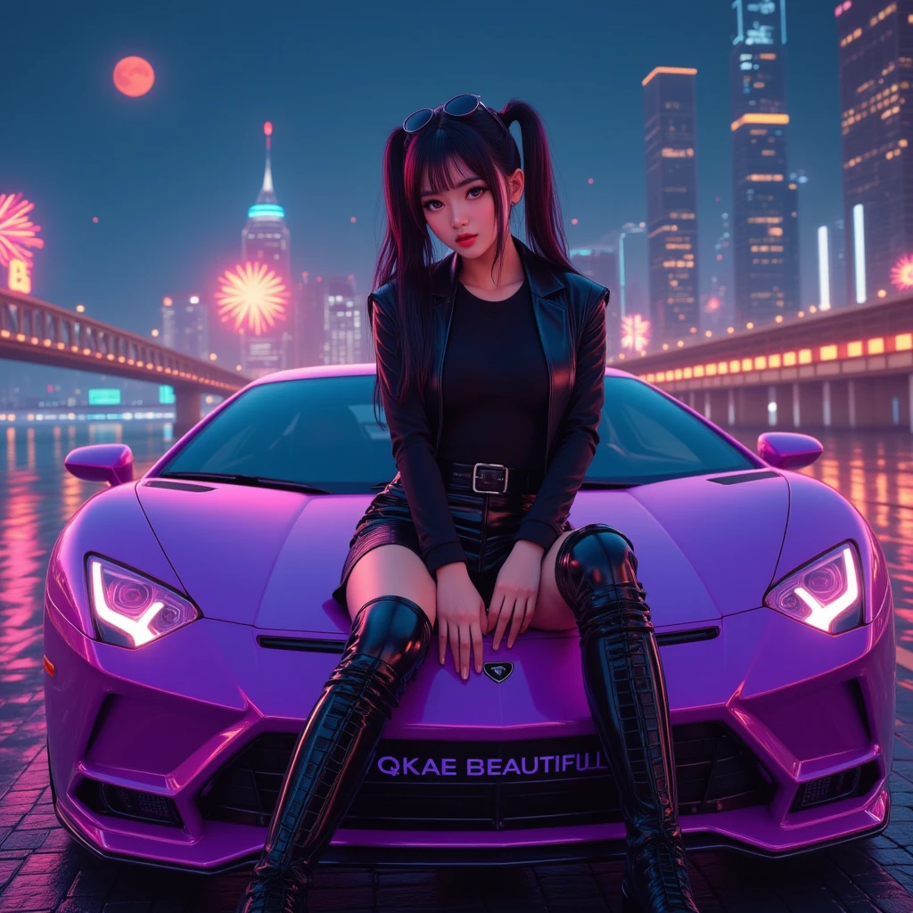  Beautiful Korean woman with long black hair in two pigtails ,  sunglasses overhead ,  style all-black K-Pop idol ,  long black boots ,  is sitting on the back stamp of luxury sports car purple color posing dominant hip-hop,  on the car there is neon writing  "QKAE BEAUTIFUL "  Han riverside background , visible building ,  lots of fireworks there is a red moon . night