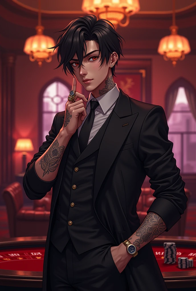 illustrate a 17 year old anime guy, with spiky or fuffly black hair,with low taper fade, with seductive eyes and a mischievous smile, wearing an all black suit and a black fedora hat. he's chill and hot