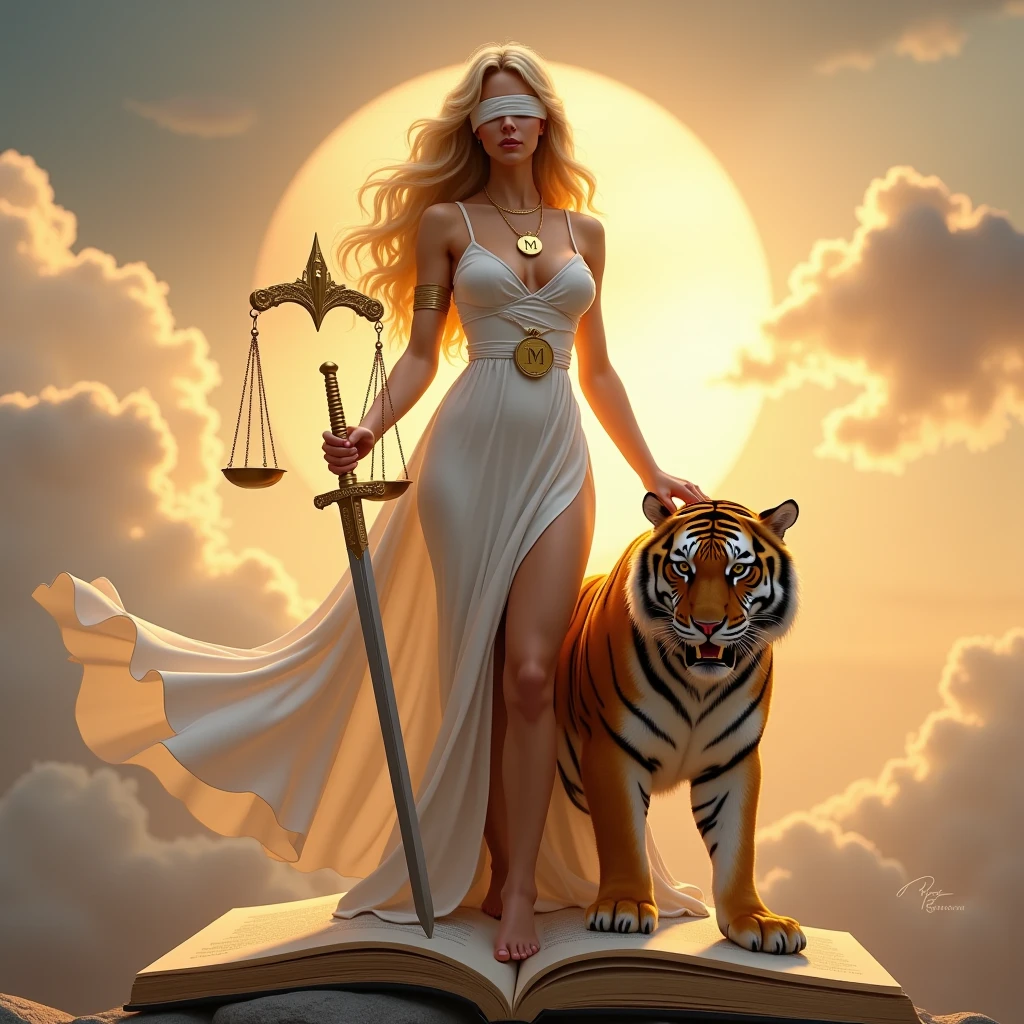  The Goddess Themis of Justice,  Looking straight ahead, And with a beautiful and real face,  and with a curvaceous body and with a white dress , and showing her wide hips , and showing off their wide and sturdy legs, and with soft and smooth skin ,  and with long, wavy gold-colored hair ,  and holding with her hand a long sword ,  and holding with the other hand a scale with the initial M , and cover the eyes of the goddess with a small, narrow white bandage,  all detailed and in high quality,  and on top of a large, thick and open silver-colored law book, and pulled from a single giant and huge and robust Bengal Tiger , And showing its large fangs , y  Looking straight ahead.  Include the initial M in a necklace and place it around the neck of the goddess, in gold color and in an elegant shape ,  and in the background it includes an elegant and beautiful sunset, includes a sun, and place the initial M in the center of the sun in an elegant and real way,  and in a sky environment with elegant and beautiful clouds.                