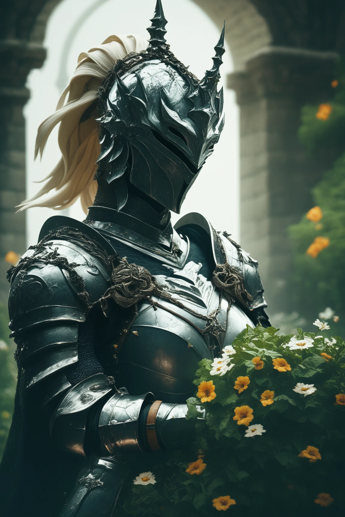 A dark souls style medieval fantasy armor in a garden 