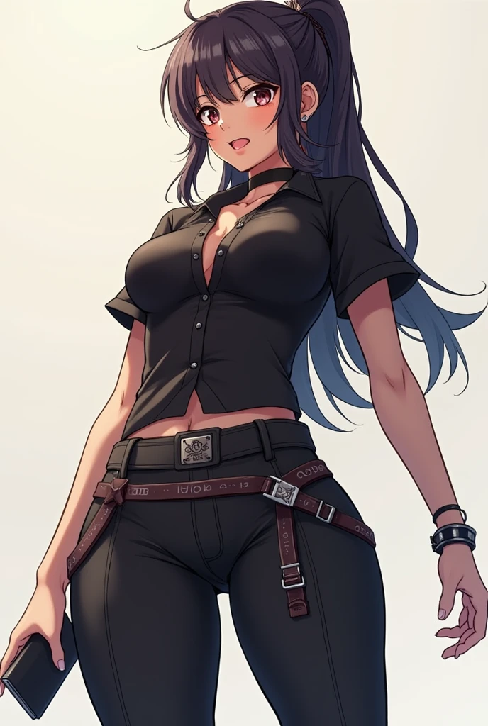 A woman with very long black hair and (very long bangs:1.5), wearing a stylish long jacket and tight jeans, (low-rise jeans:1.25), (low-cut jeans:1.25), standing. The artwork is inspired by manga and incorporates a doujin style. The woman appears to be (wetting herself:1.5), which causes her to feel embarrassed and humiliated, resulting in a blush on her face. In addition, there is an air of anger in her expression. The lighting in the scene is moody, with a spotlight highlighting the woman's figure. She is crossing her arms, (arms crossed:1.5), fully showcasing the very large pee stain on her jeans., large breasts, navel, midriff, groin, mound of venus, cleavage, diamond necklace, unzipped pants, bikini top