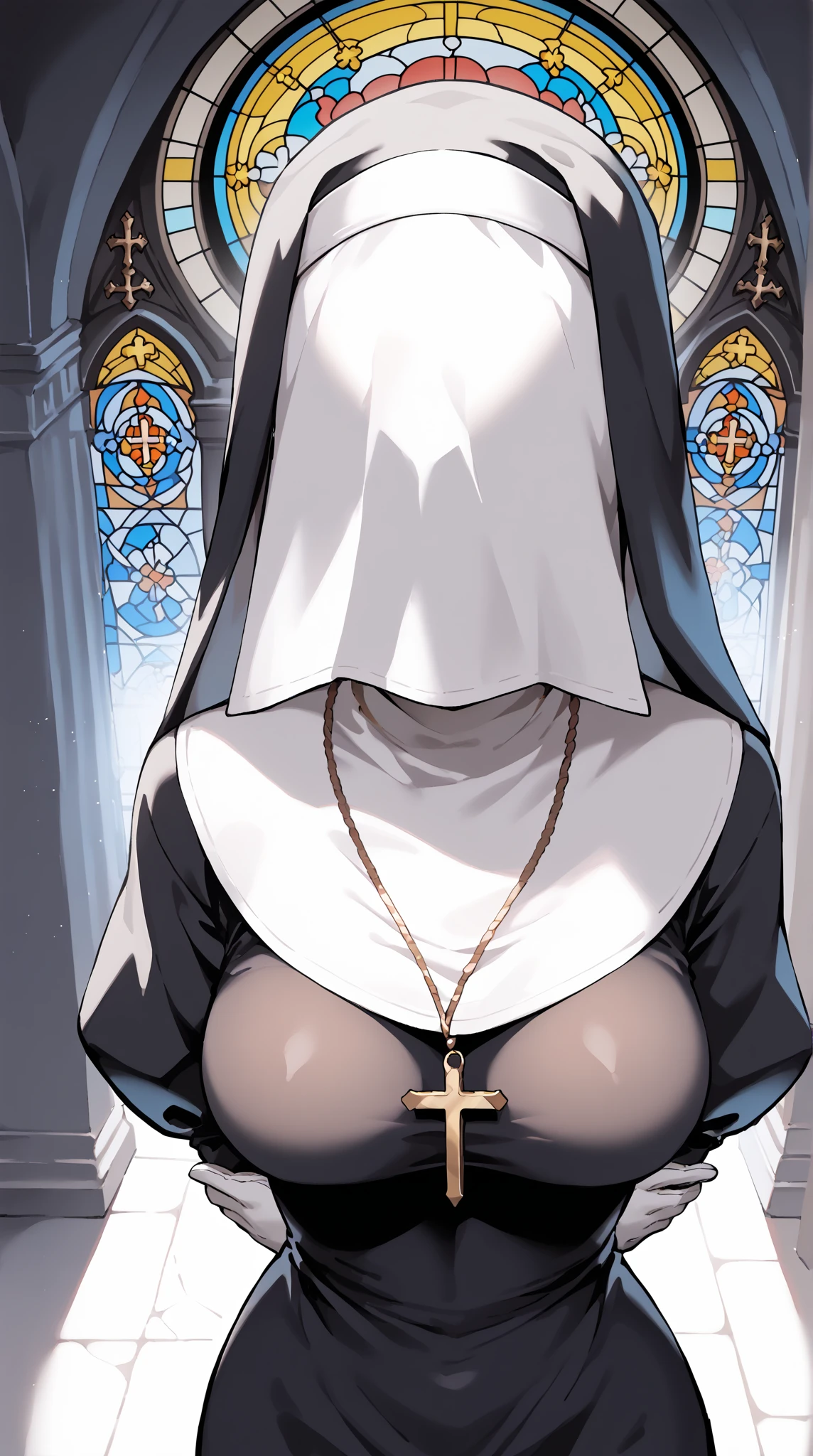 Nun in black dress, seductive pose, flashing her pants, no bra, ahego face, transparent clothes 