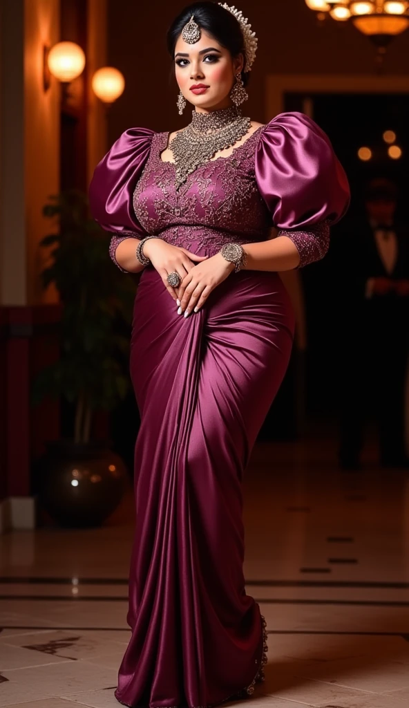 Hijab mature malay woman, big breast natural, satin silk robe with long skirt , high heels, in the office, realistic, mother in-law.