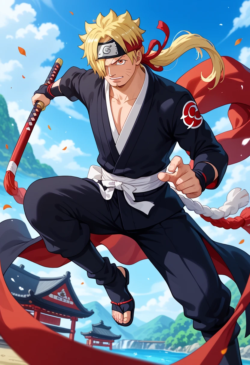 In the Naruto Shippuden world, Sanji would maintain his distinctive appearance from One Piece. He would continue to wear his stylish black suit, with his blond hair covering one eye. To blend into the ninja world, Sanji might add a ninja headband around his leg, featuring his own personal symbol.

Sanji would use his exceptional martial arts skills, especially his powerful kicks, in a unique blend of ninja techniques. His "Black Leg" style would be enhanced with chakra-based abilities, making him a formidable fighter in the ninja world. Sanji's culinary skills would also make him a valuable asset, providing delicious and nutritious meals for his ninja comrades.

His chivalrous and protective nature would bring a refreshing contrast to the intense and serious tone of Naruto Shippuden. Sanji's unchanged look, combined with his dynamic abilities and personality, would create an intriguing fusion of the pirate and ninja worlds.