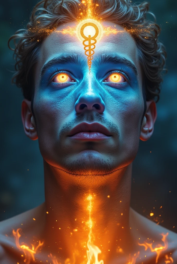 Blacklight painted on whole body and face of a man, jake_sully, sam worthington, solo, large pectorals, shirtless, muscular, looking at viewer, jewelry, yellow eyes, upper body, male focus, necklace, dark black background