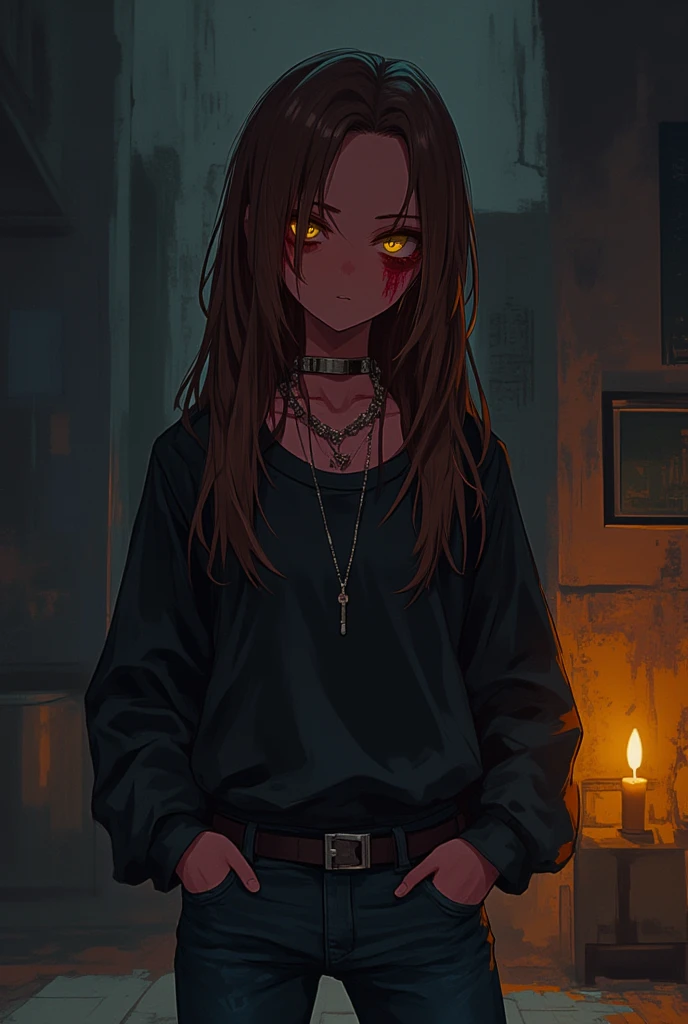 Poster image with a girl, teen woman, brown hair. honey-colored eyes. Casual clothing slightly and boold. His skin is pale. 2D anime style. female character. Character design. Arrogante y creída, dark ambient