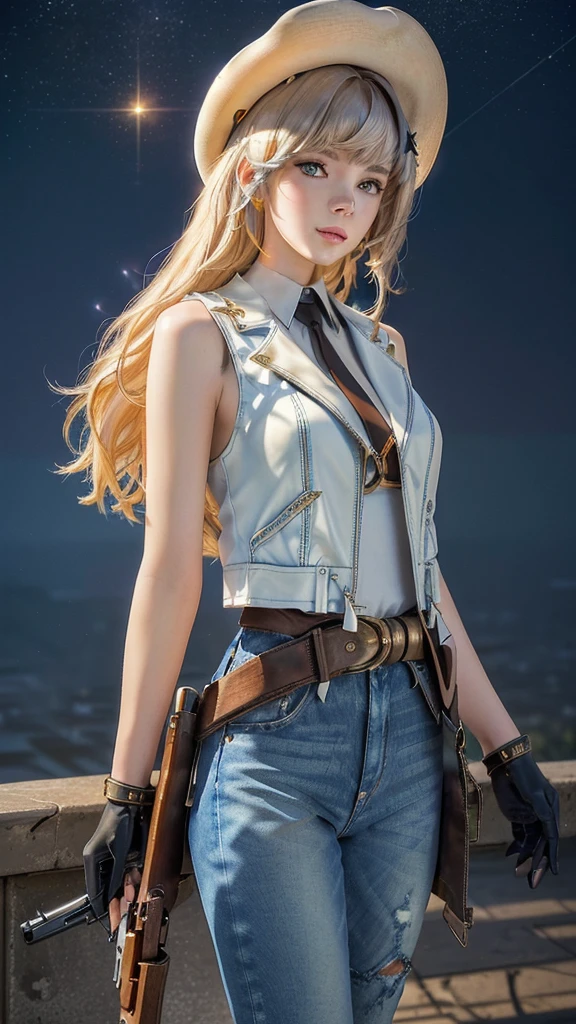 ((Highest quality)), ((masterpiece)), (detailed),  Girl、Slim body、blue eyes、Blonde Hair、Hair bob-cut、Very large breasts、smile、Ten-gallon hat、A western vest with a very wide neckline、No bra、Shorts、Leather long boots、Carry one revolver、Holster on waist、The background is the wilderness、Daytime、Stand with your feet apart