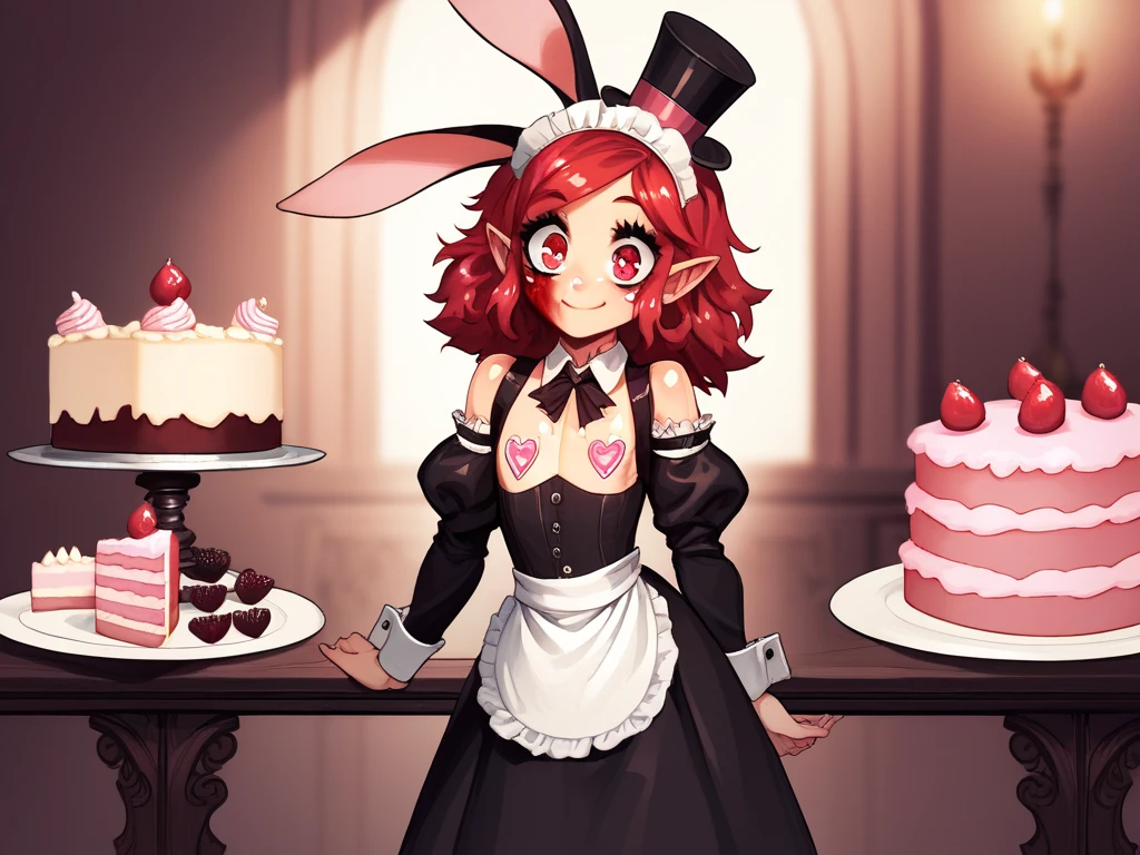  score_9, score_8_up, score_7_up, score_6_up, score_5_up, score_4_up, (source_anime),  1girl, flat chest, smile, beautiful face, red hair, red eyes, beautiful eyes, fixed, face fixed, eyes fixed mouth, maid outfit, cake, bloody, bunny ears, top hat, standing in a candy shop, waist up, oiled breasts