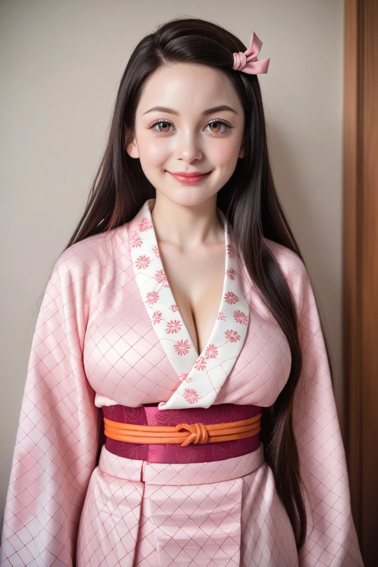 Woman, One, 18 Years old, Japanese, Fit, Big breasts, Big ass, Hair bun, Messy hair, Long hair, Black hair, Beauty face, Cute face, Happy face, Horny face, Black eye color,pink kimono