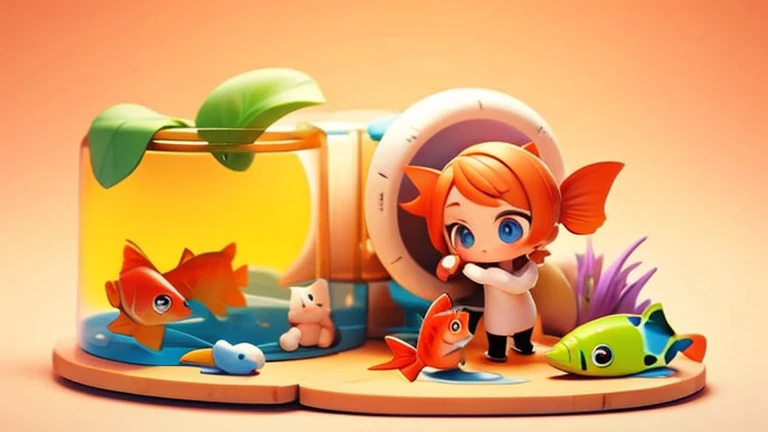 personification,kitten steals fish from fish shop,chibi,catching fish in hand