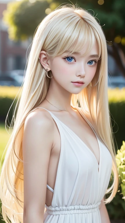  Blonde woman posing for a photo with super long Blonde and piercings, first time々Very young appearance 、 very white beautiful young glossy beautiful skin ､ Super long blonde Blonde 、 Hermosa Delphine ,  very white shiny skin,  shines so beautifully and her big, incredibly bright ice blue eyes、14-year-old beautiful girl 、Small Face Beauty、Round face、Short face、Super long hair, bangs, Blonde, bangs between the eyes,  touch very long hair ,  hair hiding one eye ,  shiny hair,  wind fluttering hair, Straight Hair, Disheveled Hair, Super long hair, Hair in the eyes, Too much hair,目とbangs between the eyes、