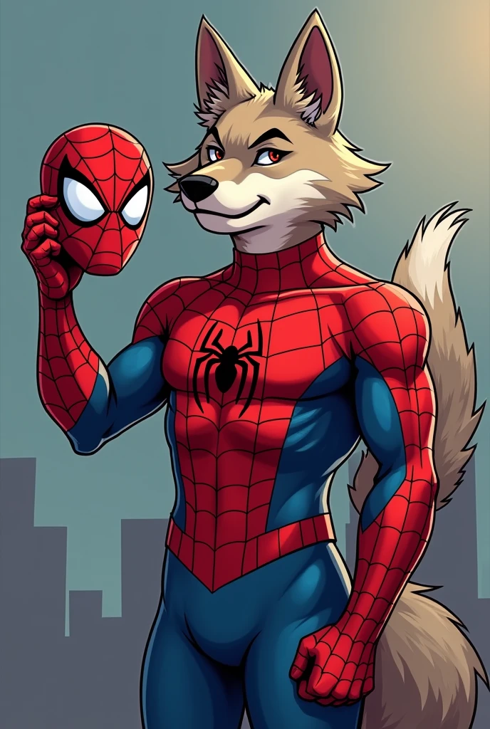 a cartoon drawing of a wolf dressed as a spider-man, legoshi from beastars, spider-man spandex mask, holding the spider-man mask on hand, his right hand, peter parker as spiderman, an anthro wolf, !anthropomorphic!, clean cel shaded, highly detailed spider - man, anthropomorphic wolf male, by zaush