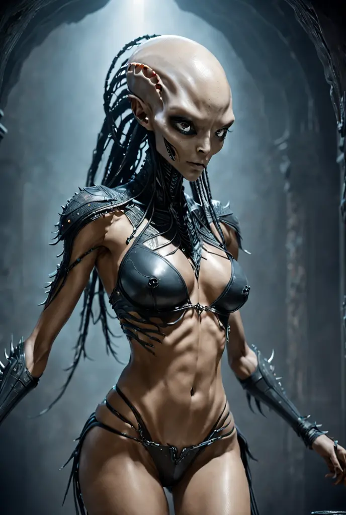 01_Black light. The epic character of alien origin. (1 creature). (Close-up). (Full growth). (The atmosphere of the movie “Alien”). Bionic forms, a creature with anthropomorphic characteristics that resembles a girl. A very beautiful creature, walking on two legs, similar to a predator (entomological characteristics of insects). A very beautiful elongated head, alien in shape, (hairstyle - thick dreadlocks, fetish in hair- teeth, shamanic amulets). Very beautiful - exotic face, slanted eyes, wide cheekbones, sensual lips, slightly open mouth, white - neat teeth, small fangs. General style – Alien woman; (film of the same name). A half-naked body with dark - black skin, a wide neckline, and small - beautiful breasts, the body is covered with an exoskeleton, scars, hard black scales, the texture of the exoskeleton with artificial material (stone plastic and bionics, ground, polished, smooth, bas-relief, bionics, cyberpunk – they decorate protective plates on a very beautiful body, shoulders, knees, arms). The anatomy of an alien creature with pronounced sexual forms, an elegant physique, small breasts in a wide neckline, a muscular system, smooth dark skin, covered with armor - an exoskeleton. The armor is decorated with scars - notches, relic bas-reliefs of alien meaning - the skulls of victims. Blacklight penetrates the forms from within. The whole picture embodies the black theme, black glow, antimatter, space - like symbol of black infinity. 02_Highest quality. Masterpiece. Cinematic image. 3D visualization. The scene was recreated using Unreal Engine. The highest quality, details, textures, materials, and clear forms (smooth bionic, synthetic material, artificial stone, plastic, metal). Black radiance from the depths of forms, an alien ship, an alien civilization, alien worlds. One creature. Frontal camera view, perspective, with watery ceilings, deep grotto, and membrane floor.