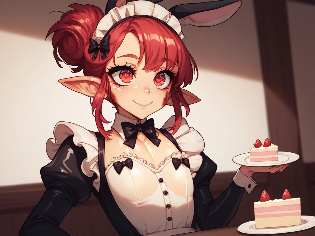  score_9, score_8_up, score_7_up, score_6_up, score_5_up, score_4_up, (source_anime),  1girl, flat chest, smile, beautiful face, red hair, red eyes, beautiful eyes, fixed, face fixed, eyes fixed mouth, maid outfit, cake, bloody, bunny ears, top hat, sitting in Coffey shop, waist up, oiled breasts