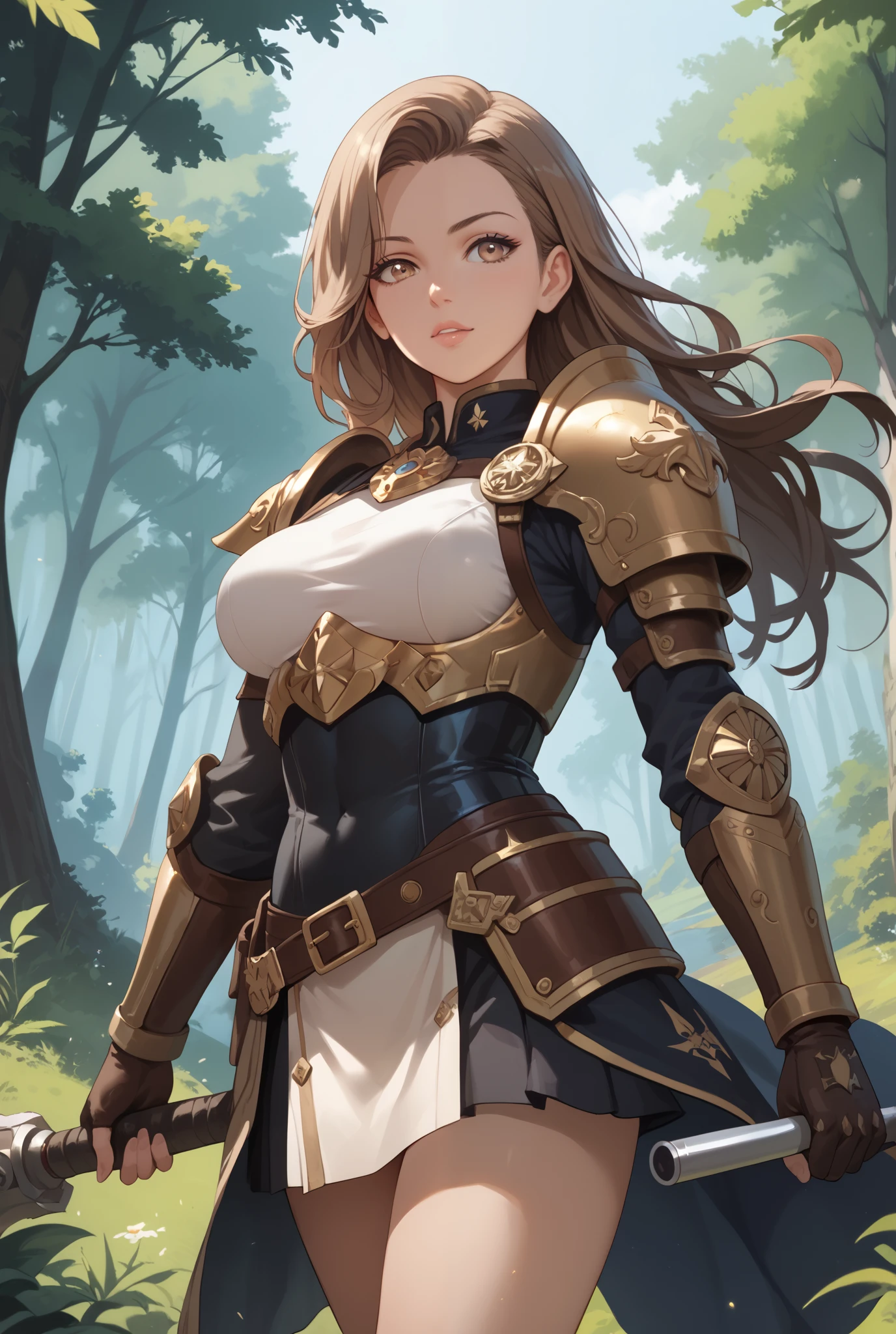 1girl, Solo, Long Hair, High Resolution, Breasts, Dark brown hair, Light brown eyes, Masterpiece, HD, Holding a bow ready to shoot, He wore simple combat clothing with leather armor on the shoulders and wrists, which looked sturdy yet light, forest, Anime