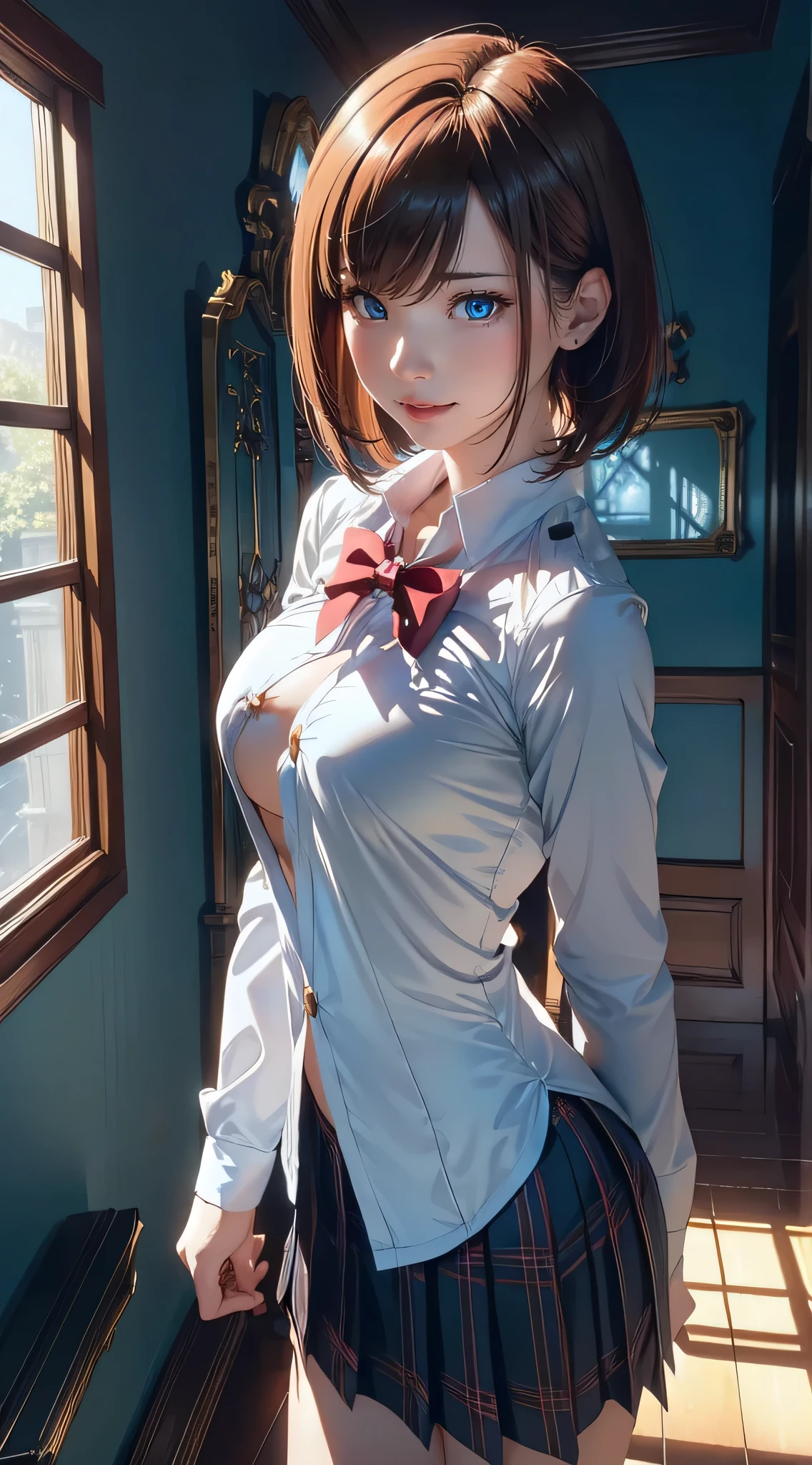 (((professional: step by step, considering even the smallest detail, god-level final result))): "perfect body, full body, cowboy photo, beautiful, masterpiece, best quality, realistic photo 1girl 16years, symmetrical face, serval kemono friends, cat tail, very low waisted 10% cowboy miniskirt, cat ears, blonde hair, round breasts, ((80% )), (((offer your ass to the viewer mini thong visible))), natural skin texture, realistic intricate details of eyes and face, lipstick, short fluffy hair, messy hair, smile, closed mouth, beautiful legs, tall woman, skinny, slim_legs, alone, huge chest, cleavage , (pose with buttocks in front of you), shirt, beautiful nature location, around flower location, (detailed background), plaid skirt, white minishirt, huge chest, cleavage, Show a small cleavage through the shirt, loafers, blurred background, blurred, holding, plaid, short sleeves, jk ribbon on the neck, jk ribbon, brown-hair, bracelet, water, bangs, school uniform, jewelry, parted lips, lips, from the side, depth of field, rear side solar lighting, canon eos 50mm camera
