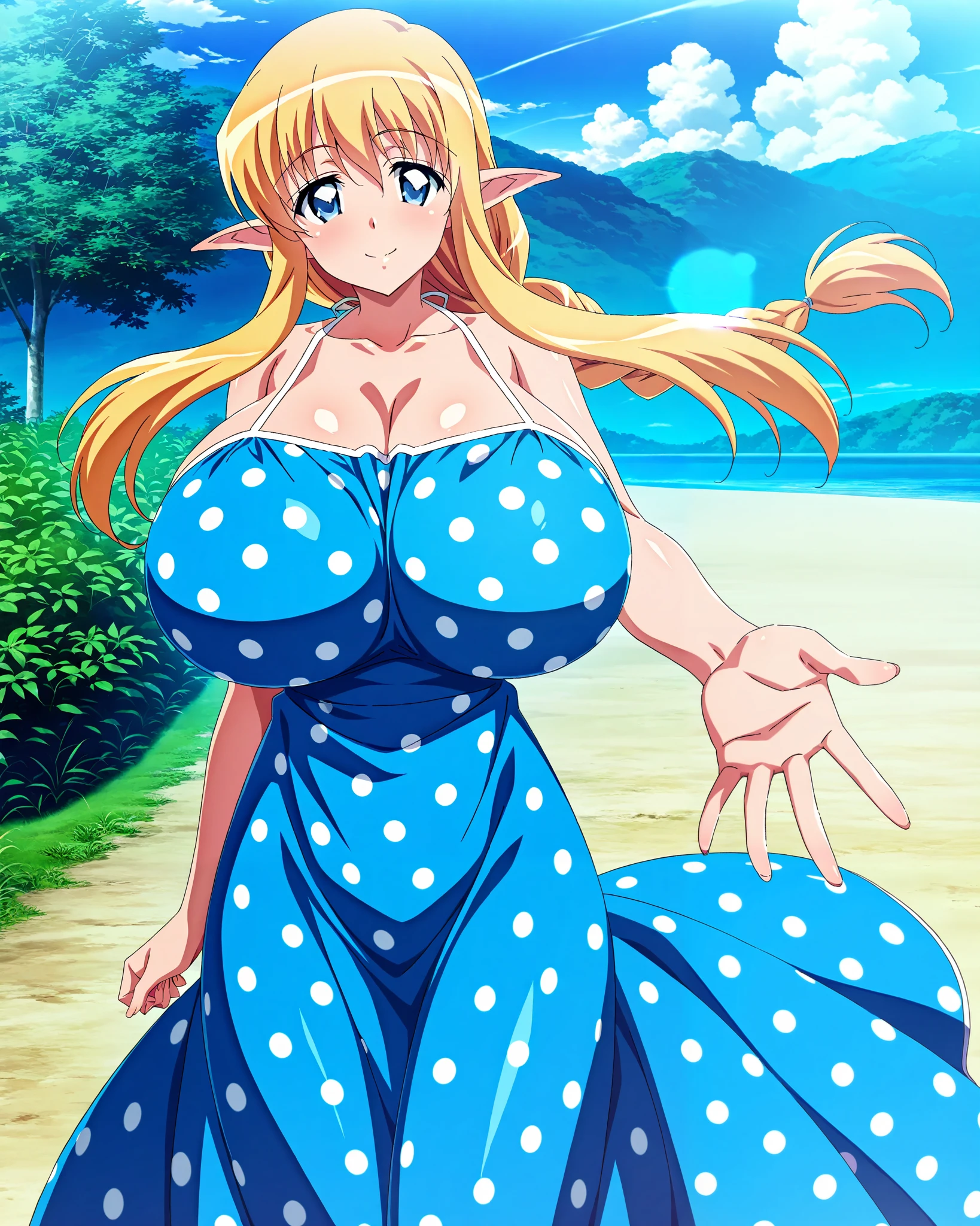 score_9, score_8_up, score_7_up, source_anime, anime coloring, anime screencap, 1 girl, alone, Tiffania Westwood (zero no tsukaima), elf, blonde hair, braid, single braid, braided ponytail, blue eyes, closed mouth, sweet smile, white beautiful skin, beckoning, one hand reaching towards viewer, looking at viewer, slim body, gigantic breasts, collarbone, blue dress, sundress, polka dot dress, long dress, outdoors, sunny day, wind blowing, at the beach