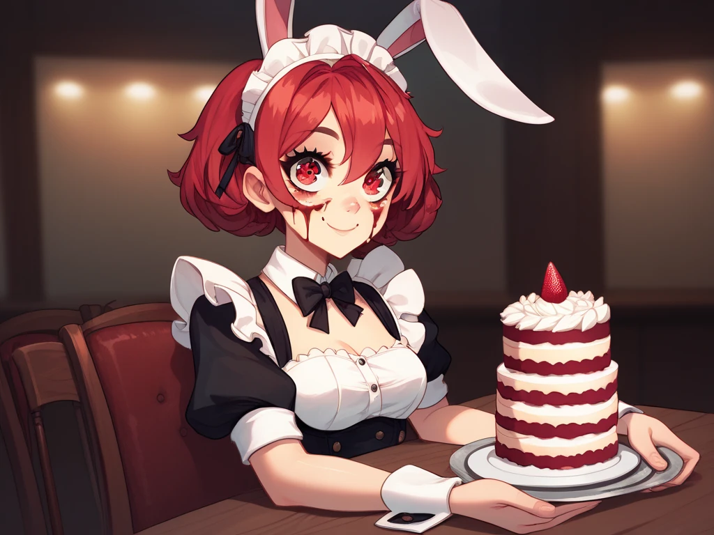  score_9, score_8_up, score_7_up, score_6_up, score_5_up, score_4_up, (source_anime),  1girl, tiny boobs, smile, beautiful face, red hair, red eyes, beautiful eyes, fixed, face fixed, eyes fixed mouth, maid outfit, cake, bloody, bunny ears, top hat, sitting in Coffey shop, waist up