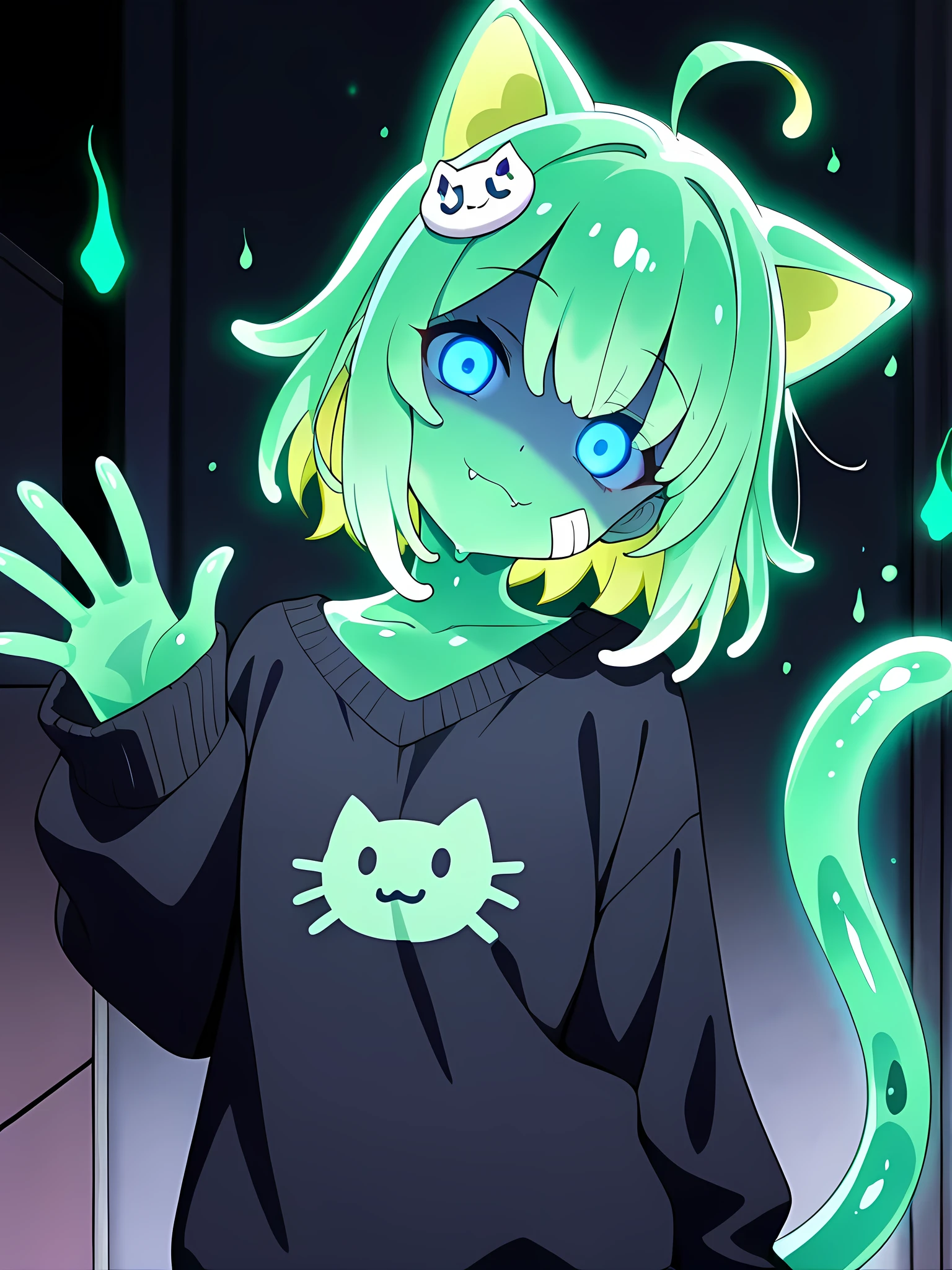 masterpiece, best quality, very aesthetic, absurdres, 1girl******, slime girl, slime skin, transparent, transparent hair, transparent head, transparent face, transparent body, wizardslimus, standing, waving, from front, looking at viewer, head tilt, yandere, empty eyes, glowing eyes, hauntedglow, dark aura, upper body, bandage on cheek, animal ears, cat ears, multicolored hair, short hair, messy hair, light green hair, green inner hair, ahoge, fangs, :3, smile, closed mouth, light blue eyes, oversized sweater, black sweater, scoopneck, cable-knitted, long sleeves, sleeves past wrists, bangs, cat printed, cat tail, hair ornament, cat hair ornament, dark-green aura, anime screencap, anime screencap, night