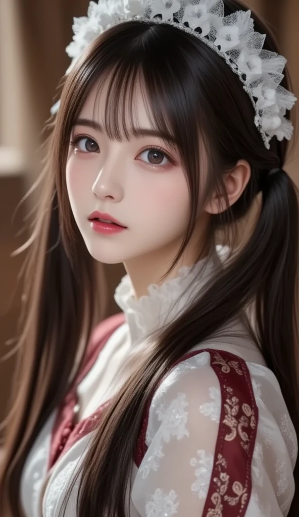 8k,    ultra high definition ,   best quality , Masterpiece,rule of thirds,golden ratio, surreal,photograph,  one woman,(  girl :1.3), cute, cute顔, 細部まで  beautiful eyes, 細かく Details, mature woman, princess,full body,smile, black hair,Short twin tail hair,ID photo,future, Brutal Cyberpunk Woman, luxurious and beautiful ,prairie,(( ethnic costumes:1.5)),Fancy Fashion, Luxurious Decor,(BDSM Femdom),(Cute  girl ),(Upper class woman:1.5), Expression of Despair , dark atmospheric lighting , fine detail,   Detailsな顔,anger,  charming eyes,(ポートレートphotograph:1.4), fantasy art ,(  beautiful faces:1.4),美しく  charming eyes、  beautiful eyes,Silver Remaining,(  Thin Waist:1.4)、( Beautiful :1.4),  pink lips, profile,(((  ideal body shape))),Small bust, A cup :2,、 portrait:2、  perfect anatomy 、鮮明な  Details、  Details, thin lips,完璧で  beautiful faces ,完璧で cute顔,   Meticulous Skin  ,  Perfect Limbs 、  Thin Waist,  surreal,Light and Dark,  fashion magazine cover,bloom