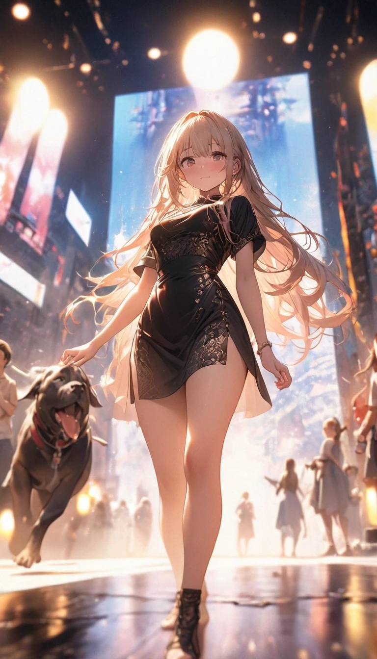 (((the Lion)))，the Lion，((Behind it is a huge lion))，A woman of outstanding figure，Wear a nice miniskirt，Leaking out of both shoulders，jewely，Amazing work，Vitreous luster,clean backdrop，High gloss，blue colors，In pink，cyan colors，red colour