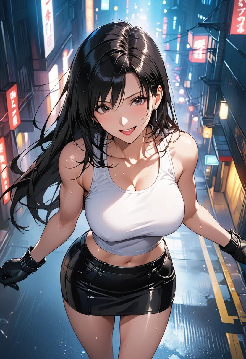 masterpiece, Best Quality, High resolution,16k,official art,super detailed skin,detailed,animated painting, (Tifa Lockhart:1.3),1990s \(style\),(white tanktop,black mini skirt,black glove:1.3)、(G-cup beautiful breasts)、clevage, (tall:1.3),height: 170cm,Fashion model body type、Sweating all over the body、vapor、(Muscular:1.4)、abdominal muscle,(sexy),nsfw,Sweaty、Configuration from the front、from above,happy,big laugh,Ahegao、Anime-style painting style,black hair,long hair,Close up on full body,Cinematic lighting,Superfine,in the city,night,winter,cyberpunk,(sexy),extreme closeup