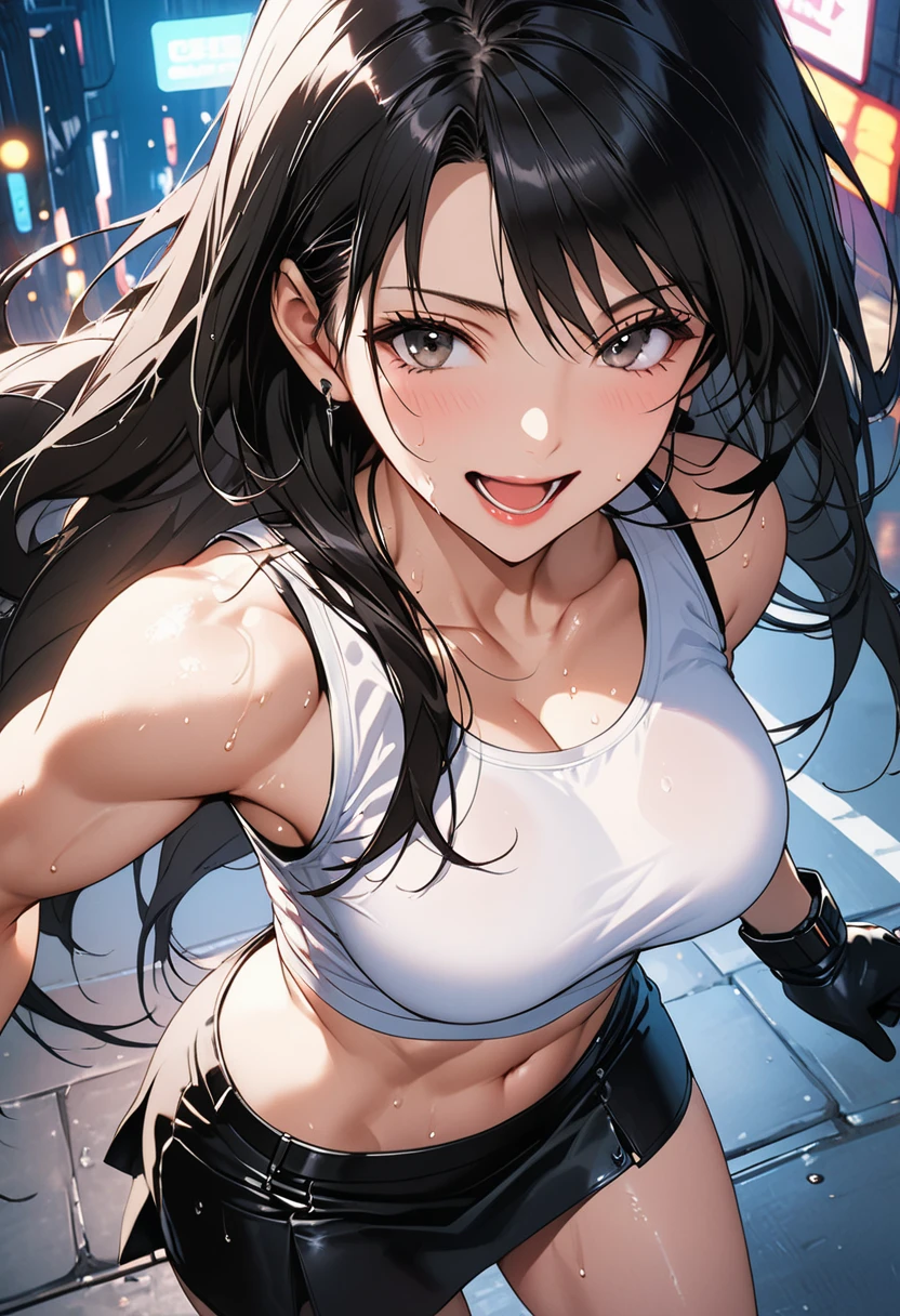 masterpiece, Best Quality, High resolution,16k,official art,super detailed skin,detailed,animated painting, (Tifa Lockhart:1.3),1990s \(style\),(white tanktop,black mini skirt,black glove:1.3)、(G-cup beautiful breasts)、clevage, (tall:1.3),height: 170cm,Fashion model body type、Sweating all over the body、vapor、(Muscular:1.4)、abdominal muscle,(sexy),nsfw,Sweaty、Configuration from the front、from above,happy,big laugh,Ahegao、Anime-style painting style,black hair,long hair,Close up on full body,Cinematic lighting,Superfine,in the city,night,winter,cyberpunk,(sexy),extreme closeup