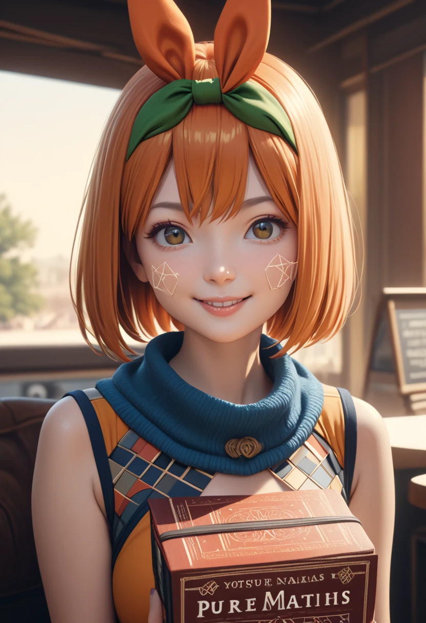 (Highest quality, Masterpiece, Very detailed, 4K), one woman, short orange hair, Nakano Yotsuba, holding a book titled "Pure Maths", text "FCM" displayed above her, cute, smiling, detailed facial features, intricate clothing, photorealistic, beautiful background, natural lighting, warm colors